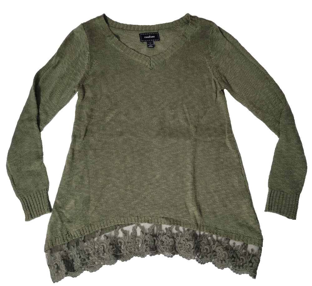 Confess Womens L Olive Green Knit Sweater Lace Hem Long Sleeve Boho Tunic